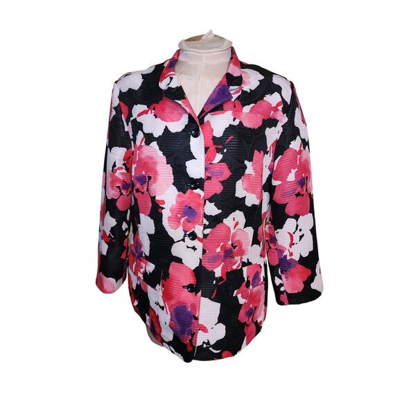 Alfred Dunner Women's Lightweight Floral Jacket Size 10 White Black Pink Pockets - Picture 1 of 4